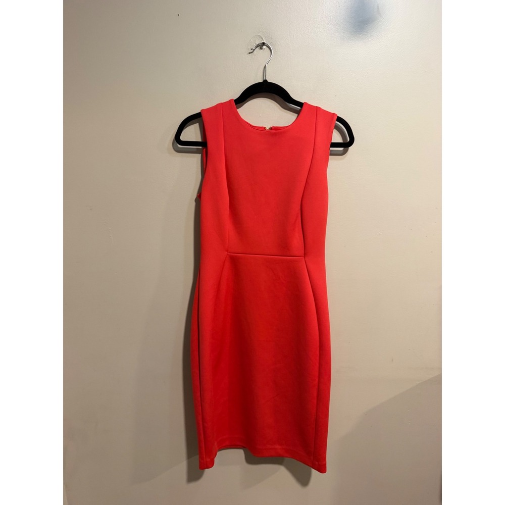 Calvin Klein Womens Red Scuba Sheath Dress Gold Back Zip Sleeveless Size 8